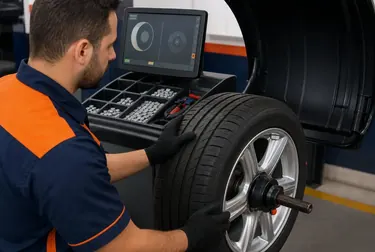Mecânico fazendo balanceamento de rodas