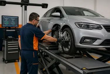 Mecânico realizando alinhamento de rodas