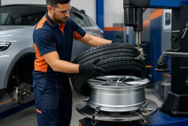 Mecânico trocando pneu em borracharia