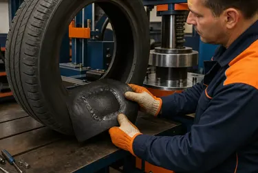 Técnico realizando vulcanização de pneu