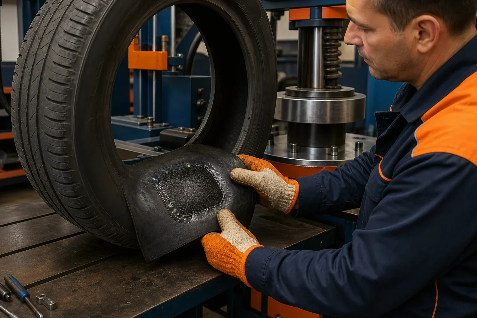 Técnico realizando vulcanização de pneu