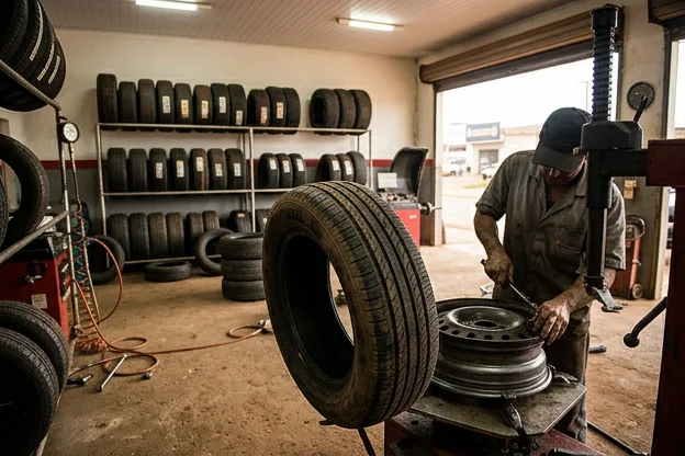 Vários modelos de pneus em borracharia